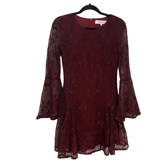 Elliatt Deep Red Lace Mini Dress Bell Sleeves Sz Medium Dark Romance - Picture 1 of 9